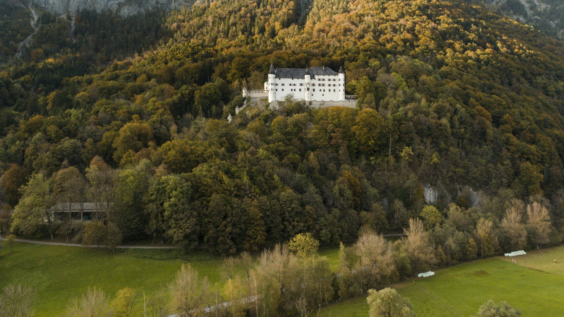 Das Schloss Tratzberg umgeben von Wäldern auf einem Hang.